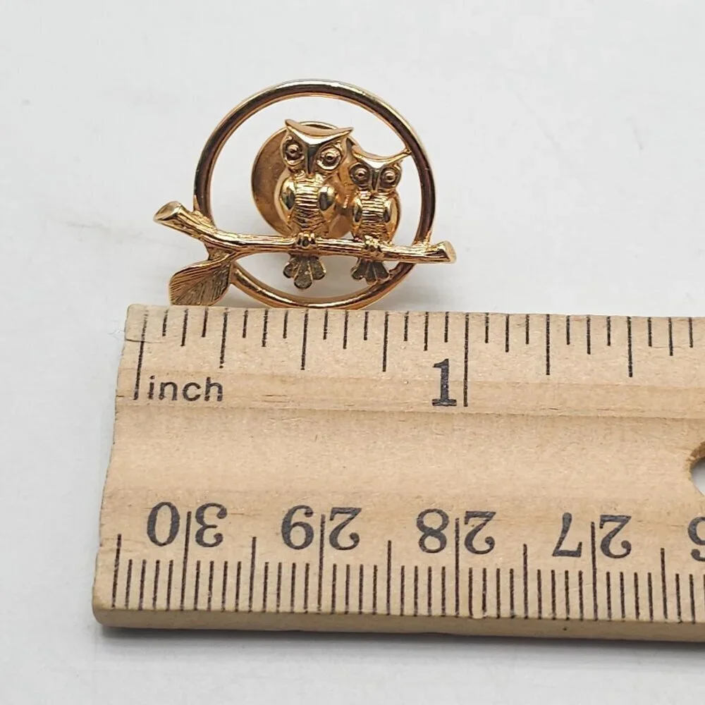 Vintage 1970s Avon Gold Tone Owl Tie Tac Pin Brooch With Branch Design